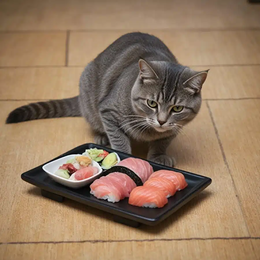 cat eating tuna sushi